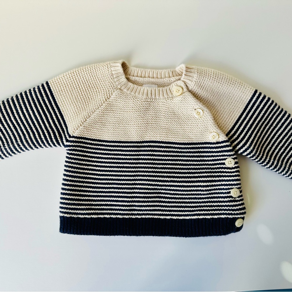 Baby Gap Cream & Navy Striped Button Shoulder Knit Sweater